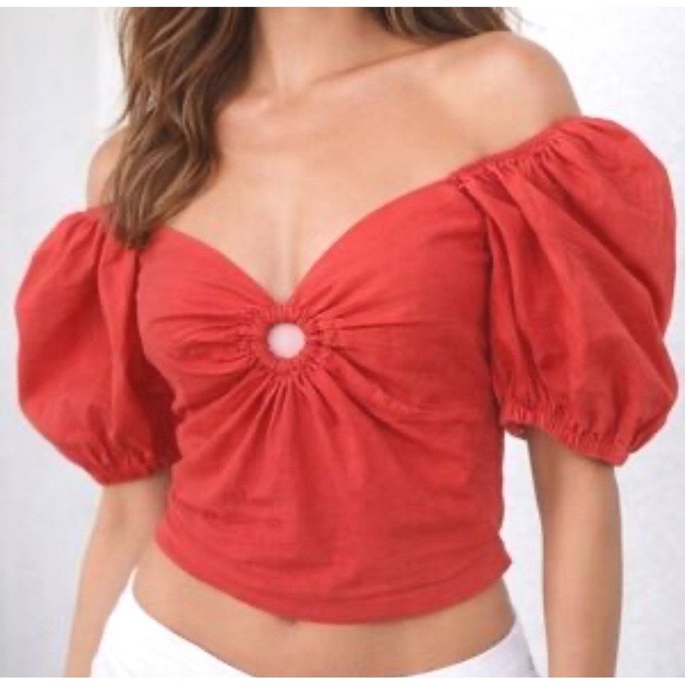 Sim & Sam Crop Top XL Red Puff Sleeve O-Ring Smocked Cotton